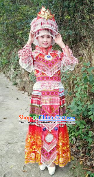 Traditional Chinese Miao Nationality Red Dress and Hat Minority Ethnic Folk Dance Costume for Women
