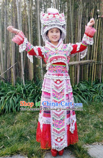 Traditional Chinese Miao Nationality Red Veil Dress Minority Ethnic Folk Dance Costume for Women