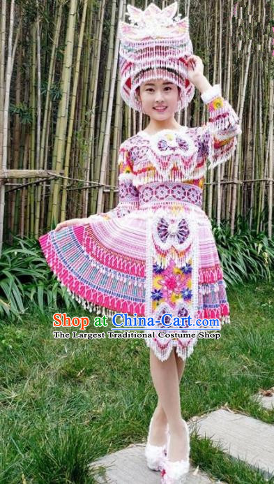Chinese Traditional Miao Nationality Light Purple Short Dress Minority Ethnic Folk Dance Costume for Women