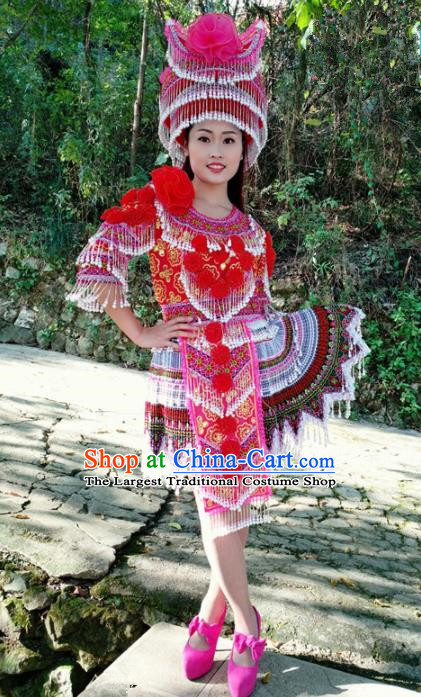 Traditional Chinese Minority Ethnic Folk Dance Pleated Skirt Miao Nationality Stage Performance Costume and Hat for Women
