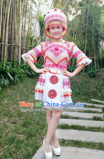 Traditional Chinese Miao Nationality Female Costume Minority Ethnic Folk Dance Stage Performance Short Dress and Hat for Women