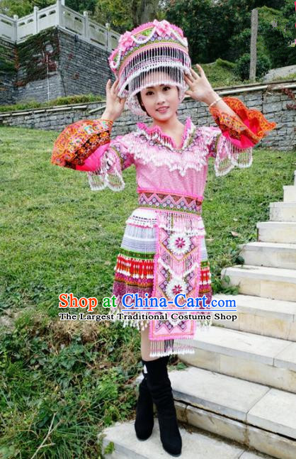 Traditional Chinese Miao Nationality Female Pink Costume Minority Ethnic Folk Dance Stage Performance Short Dress and Hat for Women