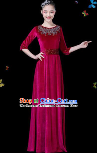 Traditional Chinese Modern Dance Wine Red Dress Chorus Stage Performance Costume for Women