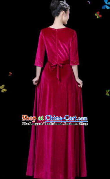 Traditional Chinese Modern Dance Wine Red Dress Chorus Stage Performance Costume for Women