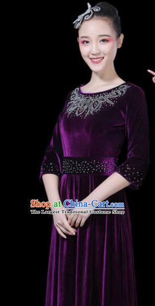 Traditional Chinese Modern Dance Purple Dress Chorus Stage Performance Costume for Women