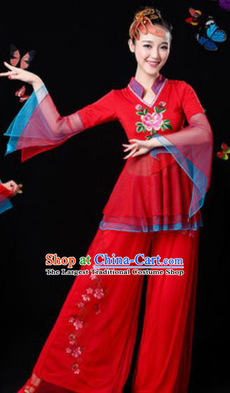 Traditional Chinese Yangko Group Dance Red Veil Clothing Folk Dance Fan Dance Stage Performance Costume for Women