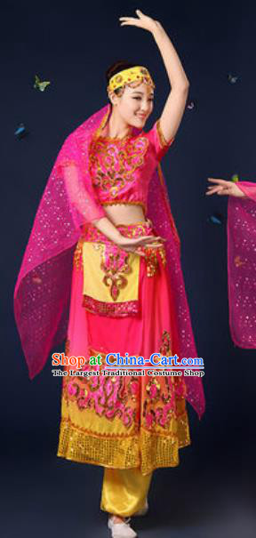 Traditional Chinese Minority Ethnic Dress Uyghur Nationality Dance Stage Performance Rosy Costume for Women