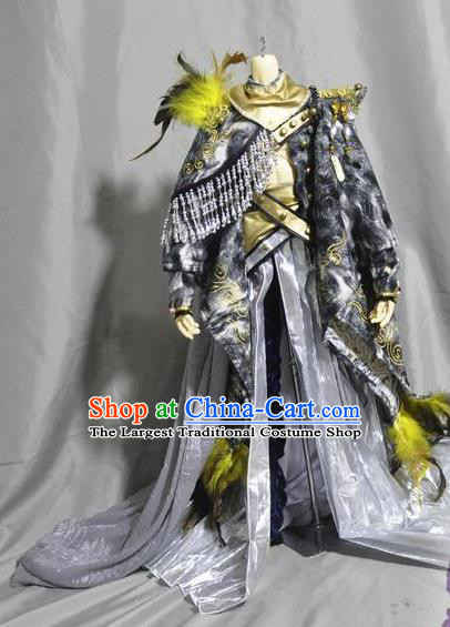 Traditional Chinese Cosplay Young Swordsman Grey Hanfu Clothing Ancient Knight Hero Embroidered Costume for Men
