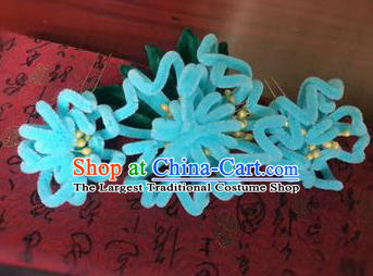 Traditional Chinese Qing Dynasty Blue Velvet Chrysanthemum Hair Comb Hairpins Handmade Ancient Palace Hair Accessories for Women