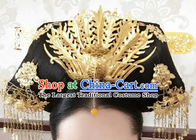 Traditional Chinese Qing Dynasty Palace Golden Phoenix Headwear Ancient Manchu Lady Hair Accessories for Women