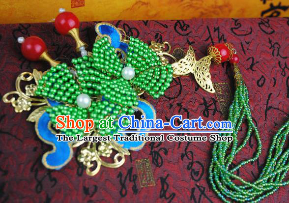 Traditional Chinese Qing Dynasty Green Beads Tassel Hairpins Handmade Ancient Manchu Lady Hair Accessories for Women