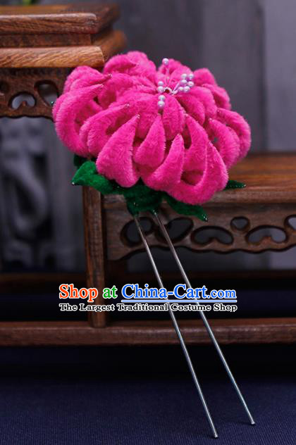 Traditional Chinese Handmade Qing Dynasty Rosy Velvet Chrysanthemum Hairpins Ancient Imperial Consort Hair Accessories for Women