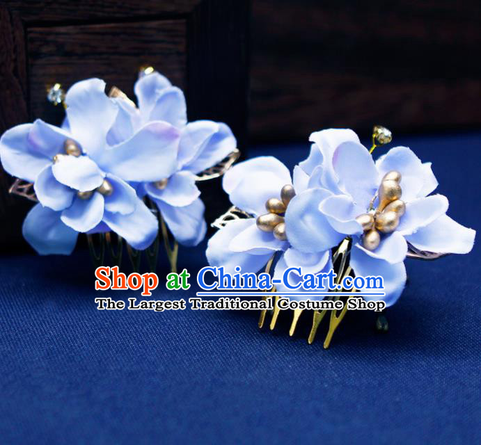 Traditional Chinese Handmade Blue Flowers Hair Combs Hairpins Ancient Princess Hair Accessories for Women