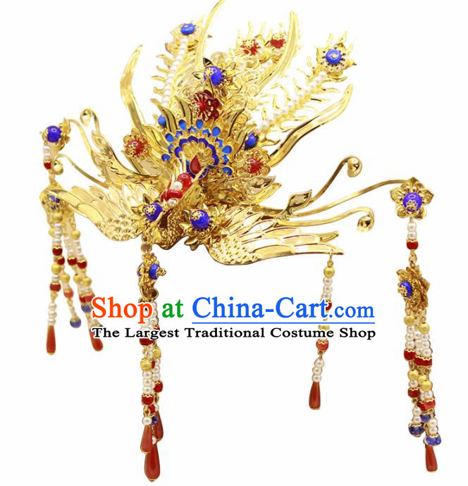 Traditional Chinese Handmade Agate Tassel Phoenix Coronet Hairpins Ancient Queen Hair Accessories for Women