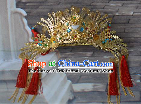 Traditional Chinese Handmade Ancient Ming Dynasty Golden Phoenix Coronet Imperial Consort Tassel Hairpins Headwear Hair Accessories for Women