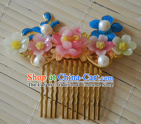Handmade Chinese Ancient Princess Hairpins Pink Peach Blossom Hair Comb Headwear Hair Accessories for Women