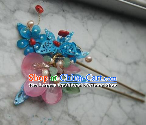 Handmade Chinese Ancient Princess Tassel Hairpins Blue Butterfly Lotus Hair Clip Headwear Hair Accessories for Women