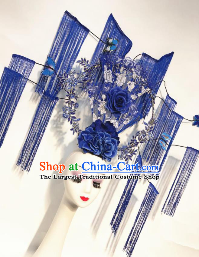 Handmade Chinese Stage Show Blue Tassel Hair Clasp Hair Accessories Brazilian Carnival Catwalks Headdress for Women