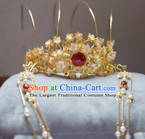 Chinese Handmade Hanfu Tassel Red Crystal Phoenix Coronet Hairpins Traditional Ancient Princess Hair Accessories for Women