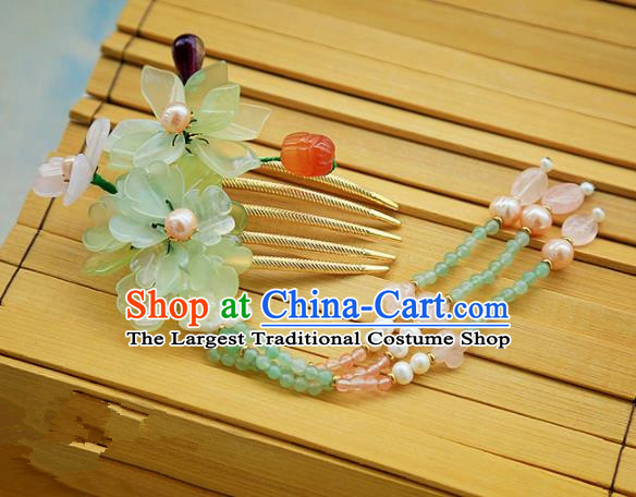 Chinese Handmade Hanfu Green Lotus Tassel Hair Comb Hairpins Traditional Ancient Princess Hair Accessories for Women