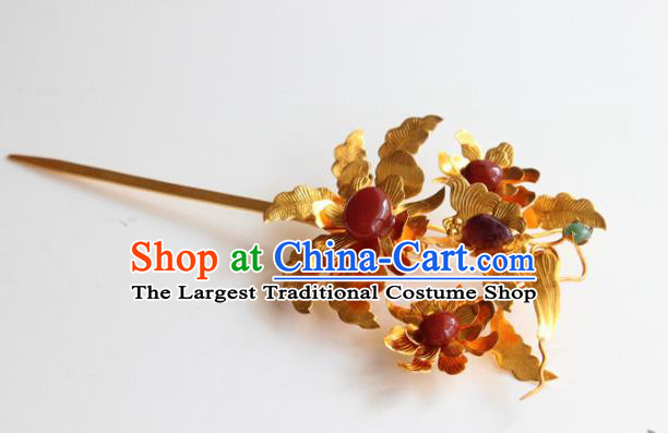 Chinese Handmade Hanfu Golden Peony Agate Hairpins Traditional Ancient Princess Hair Accessories for Women