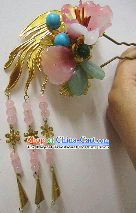 Chinese Handmade Hanfu Pink Flower Jade Hair Clip Hairpins Traditional Ancient Princess Hair Accessories for Women