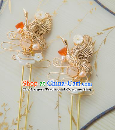 Chinese Handmade Hanfu Crane Pearls Hairpins Traditional Ancient Princess Hair Accessories for Women