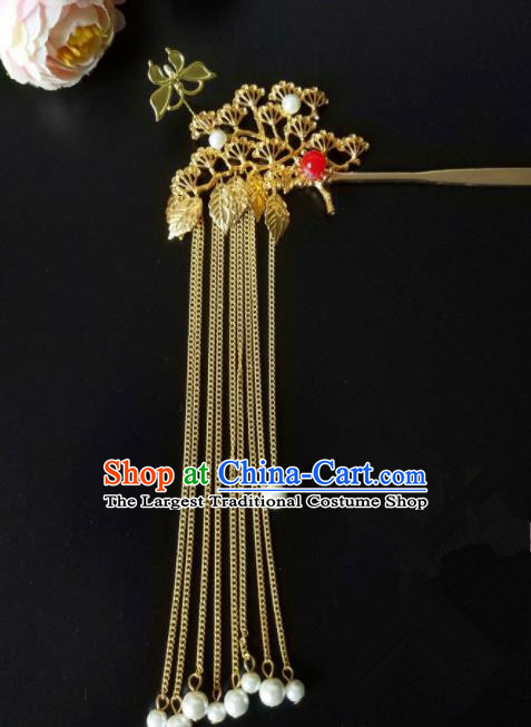Chinese Handmade Hanfu Palace Golden Pine Hair Clip Tassel Hairpins Traditional Ancient Princess Hair Accessories for Women