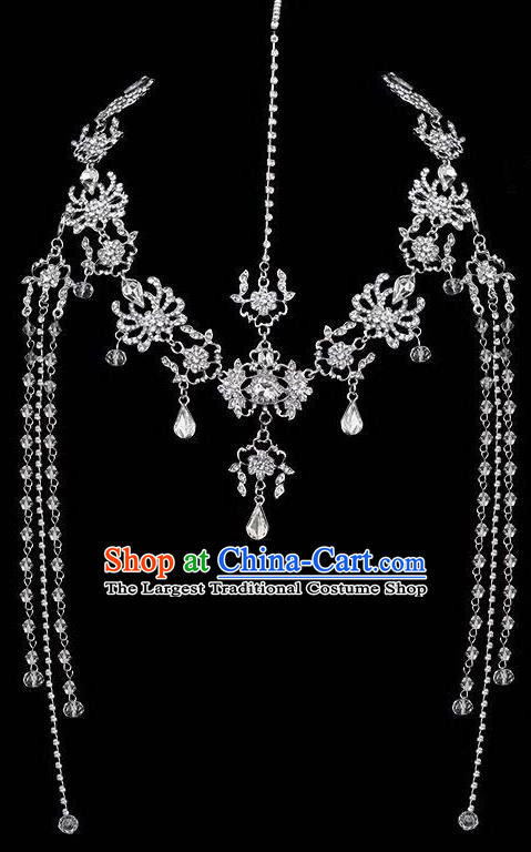 Traditional Chinese Handmade Crystal Hair Clasp Tang Dynasty Hanfu Tassel Frontlet Ancient Imperial Consort Hair Accessories for Women