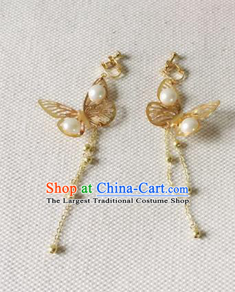 Handmade Chinese Classical Golden Butterfly Pearls Ear Accessories Ancient Princess Hanfu Earrings for Women