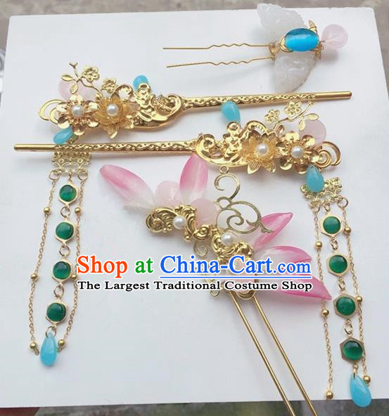 Handmade Chinese Traditional Hanfu Jade Hairpins Tassel Step Shake Ancient Tang Dynasty Queen Hair Accessories for Women