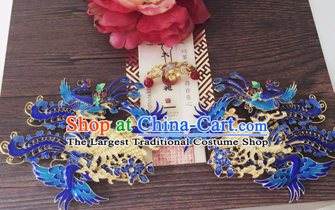 Chinese Handmade Hanfu Qing Dynasty Blueing Phoenix Hairpins Traditional Ancient Imperial Consort Hair Accessories for Women