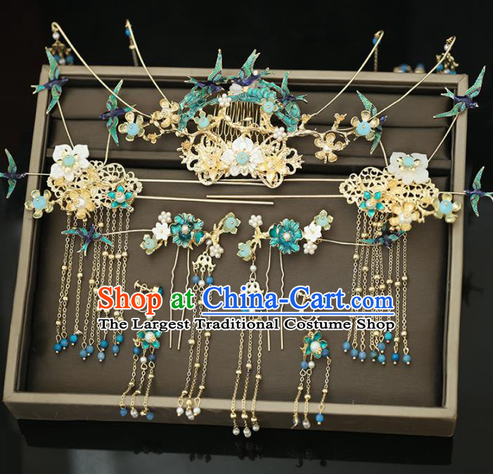 Handmade Chinese Ancient Wedding Blueing Birds Tassel Phoenix Coronet Hairpins Traditional Bride Hanfu Hair Accessories for Women