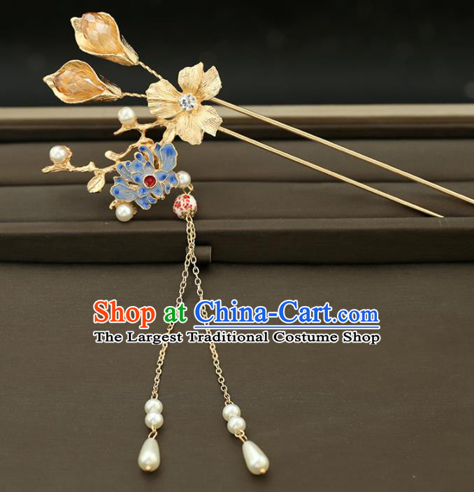 Handmade Chinese Traditional Hair Accessories Ancient Princess Blueing Lotus Hairpins for Women