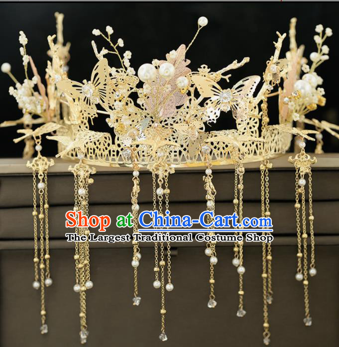 Handmade Chinese Ancient Wedding Butterfly Tassel Phoenix Coronet Hairpins Traditional Bride Hanfu Hair Accessories for Women