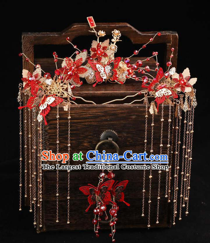 Handmade Chinese Wedding Red Butterfly Hair Comb Tassel Hairpins Ancient Traditional Hanfu Hair Accessories for Women