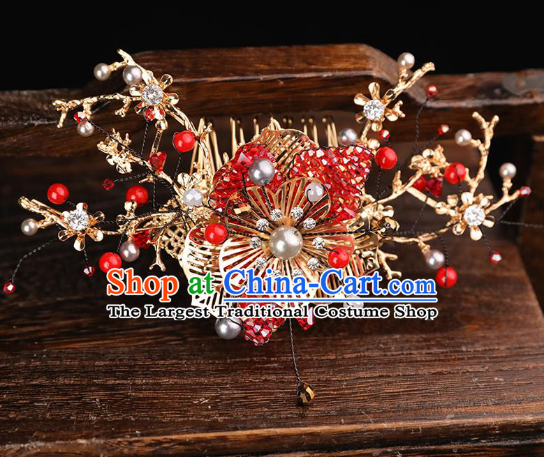 Handmade Chinese Wedding Red Crystal Hair Comb Tassel Hairpins Ancient Traditional Hanfu Hair Accessories for Women
