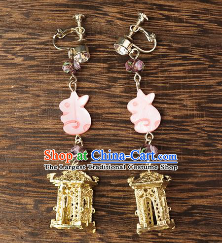 Handmade Chinese Classical Pink Rabbit Ear Accessories Ancient Princess Hanfu Earrings for Women