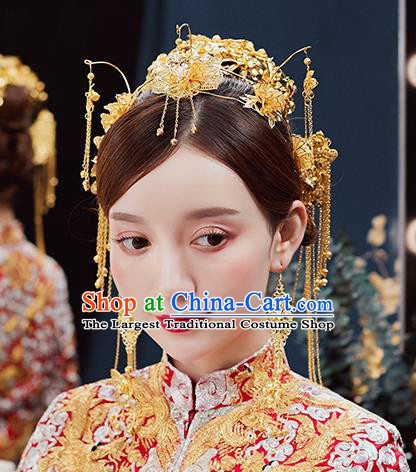 Handmade Chinese Wedding Golden Hair Crown Tassel Hairpins Ancient Traditional Hanfu Hair Accessories for Women