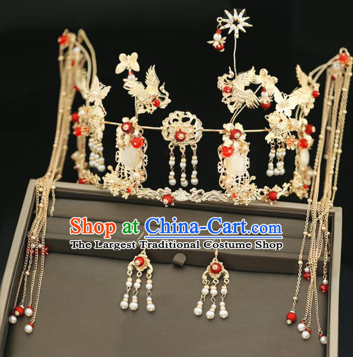 Handmade Chinese Ancient Wedding Tassel Hairpins Cranes Phoenix Coronet Traditional Bride Hanfu Hair Accessories for Women