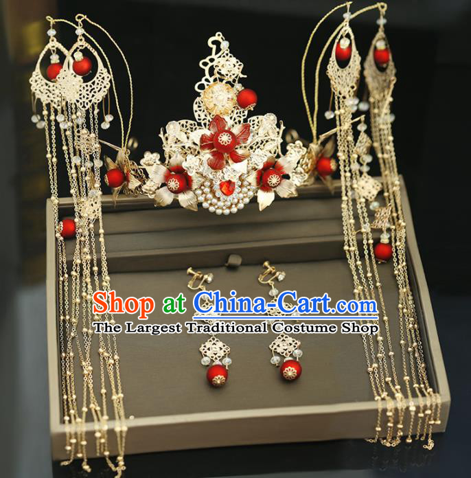 Handmade Chinese Ancient Wedding Tassel Step Shake Hairpins Phoenix Coronet Traditional Bride Hanfu Hair Accessories for Women