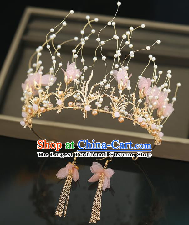 Top Grade Handmade Baroque Princess Pink Flowers Royal Crown Wedding Bride Hair Accessories for Women