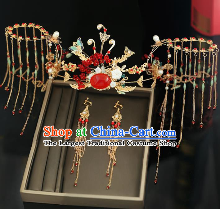 Handmade Chinese Ancient Wedding Hairpins Tassel Butterfly Phoenix Coronet Traditional Bride Hanfu Hair Accessories for Women