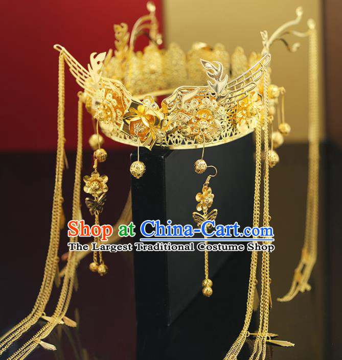 Handmade Chinese Ancient Wedding Tassel Golden Phoenix Coronet Hairpins Traditional Bride Hanfu Hair Accessories for Women