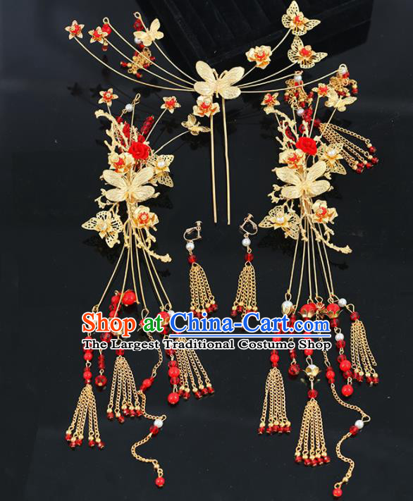 Handmade Chinese Ancient Wedding Bride Butterfly Hair Clips Tassel Hairpins Traditional Hanfu Hair Accessories for Women