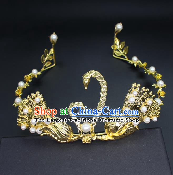 Top Grade Handmade Baroque Princess Golden Swan Royal Crown Wedding Bride Hair Accessories for Women