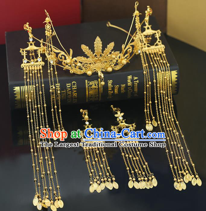 Handmade Chinese Ancient Wedding Bride Golden Phoenix Coronet Tassel Hairpins Traditional Hanfu Hair Accessories for Women