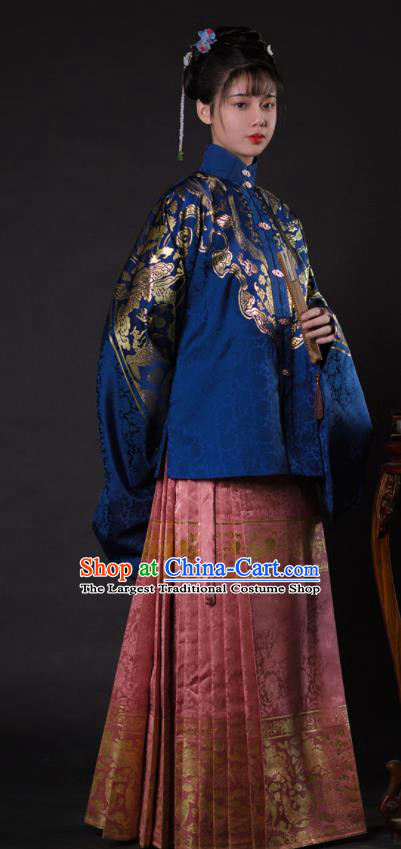 Chinese Ancient Princess Blue Brocade Blouse and Pink Skirt Traditional Ming Dynasty Imperial Consort Historical Costume for Women