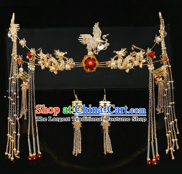 Handmade Chinese Ancient Wedding Bride Crane Hair Clasp Tassel Hairpins Traditional Hanfu Hair Accessories for Women