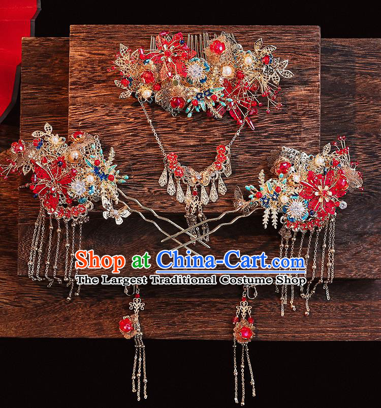Handmade Chinese Wedding Red Flowers Hair Comb Hairpins Ancient Traditional Hanfu Hair Accessories for Women